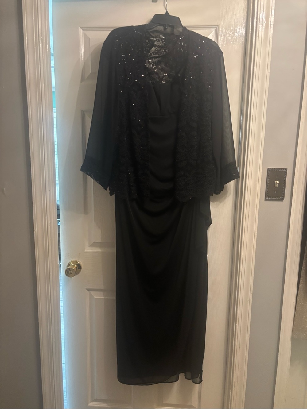black evening gown with open front cardigan